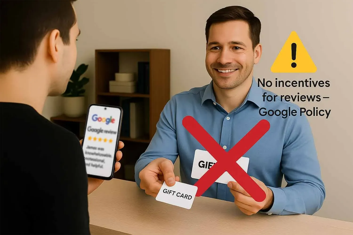 A business owner offering incentives to customers for leaving reviews.
