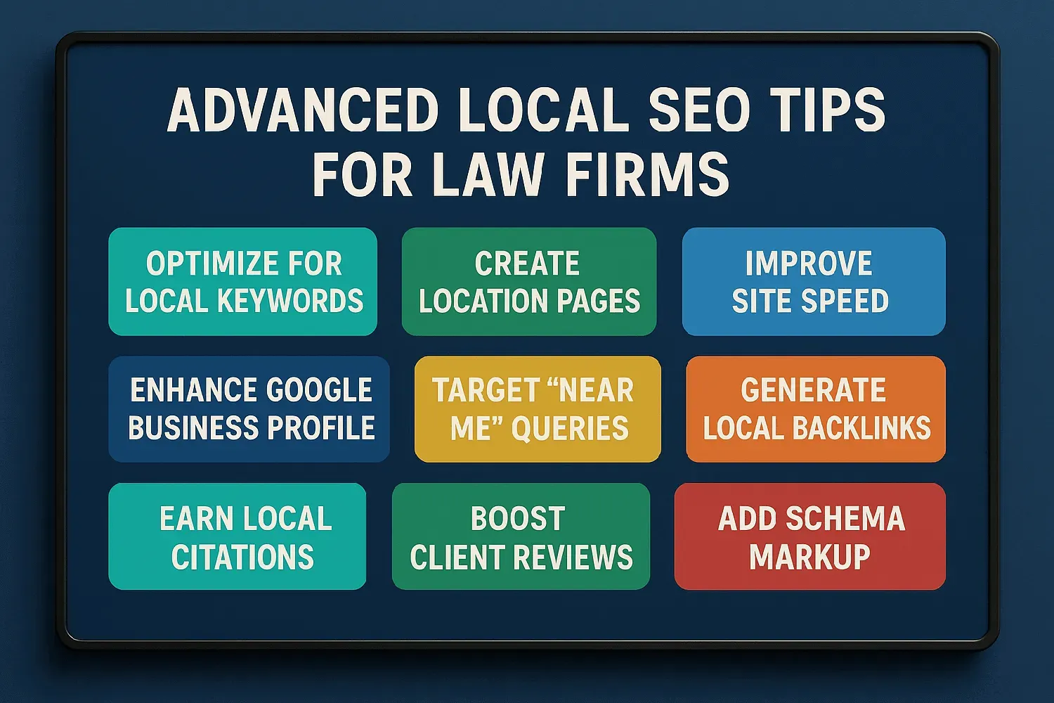 A collection of advanced local SEO tips for law firms, displayed on a digital board with various strategies