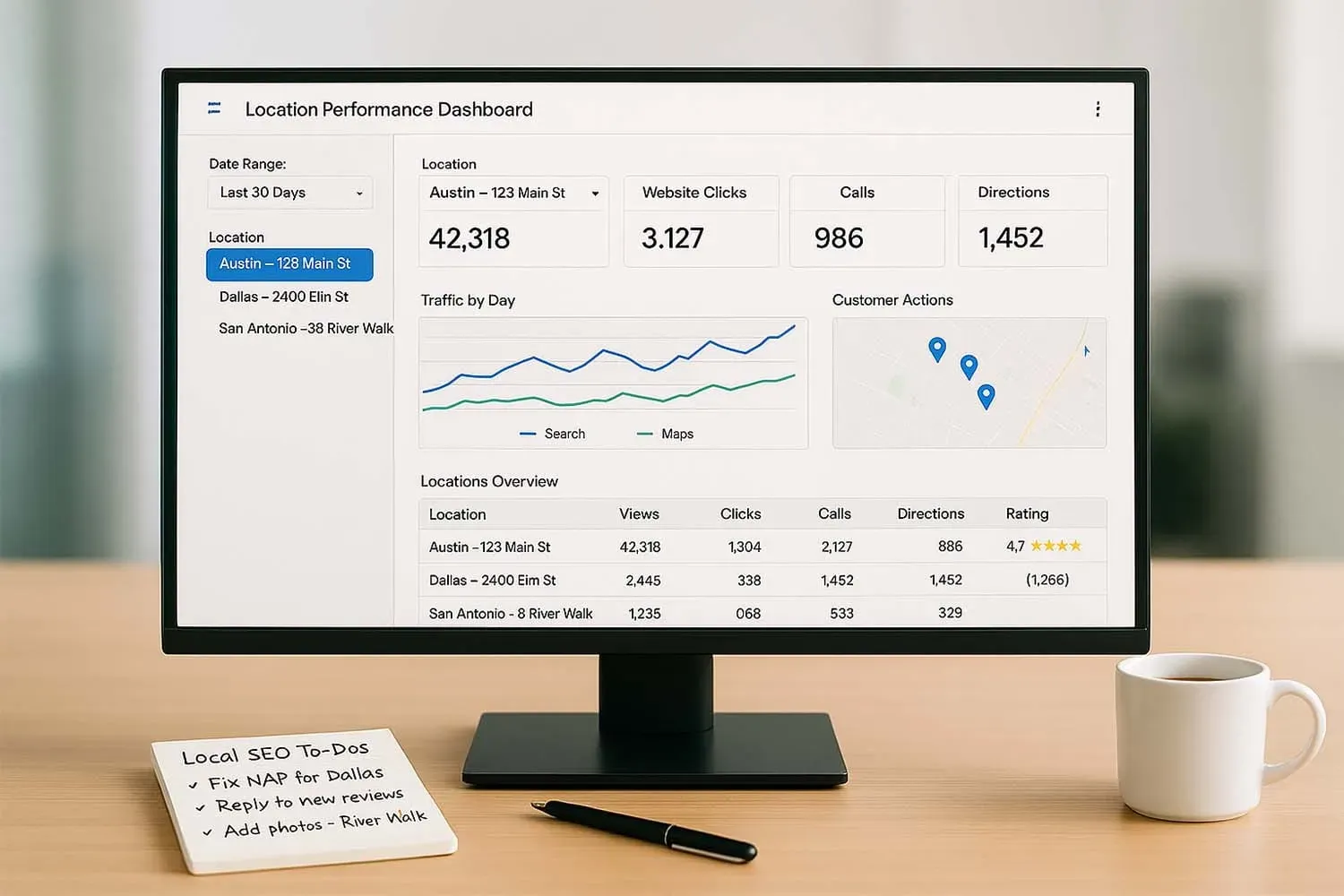 A computer dashboard displays various analytics and performance metrics related to business locations, showcasing key insights for managing multiple business profiles. This interface provides valuable information for optimizing local SEO and enhancing online reputation management across different locations.