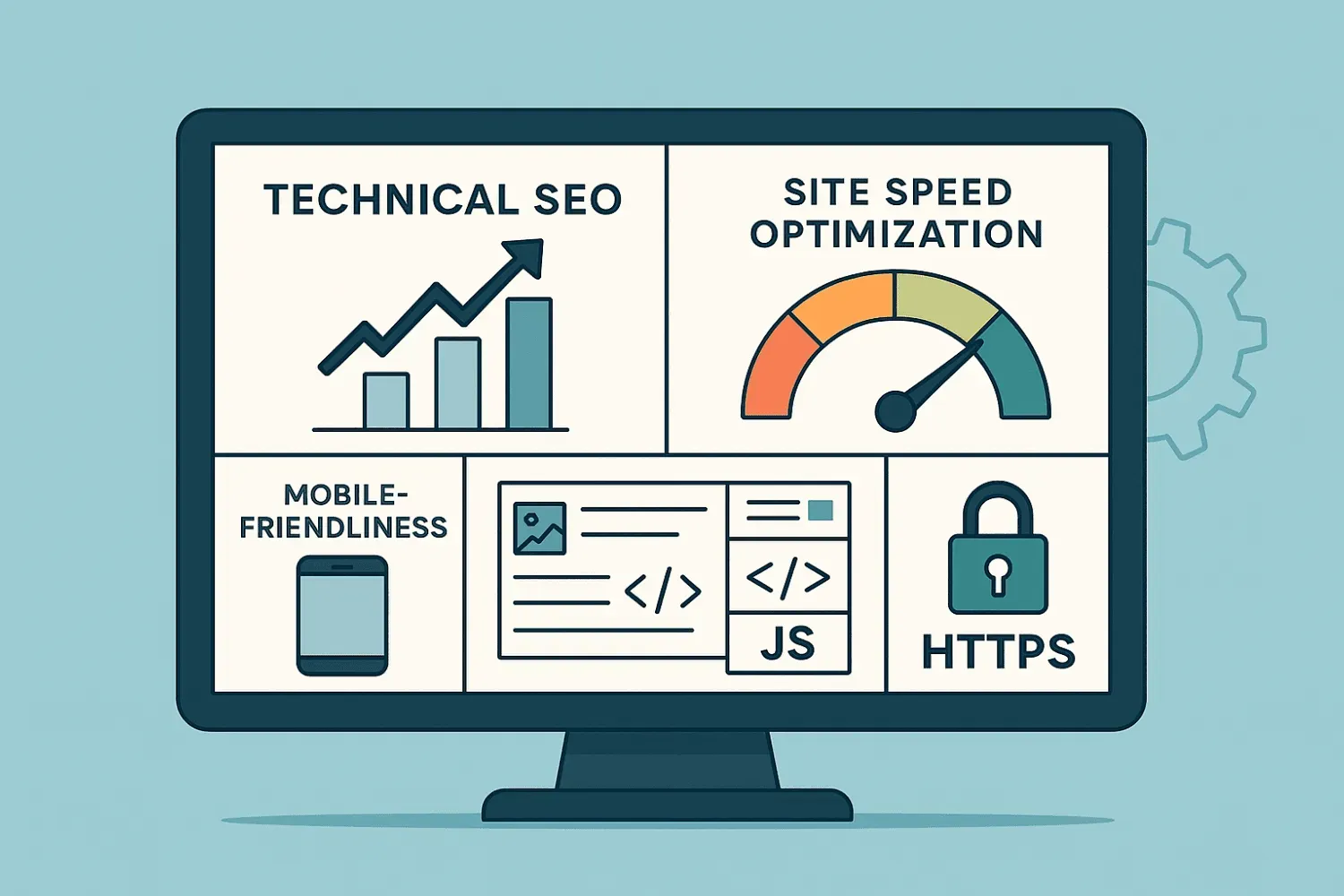 A computer screen displaying technical SEO metrics and site speed optimization tools.