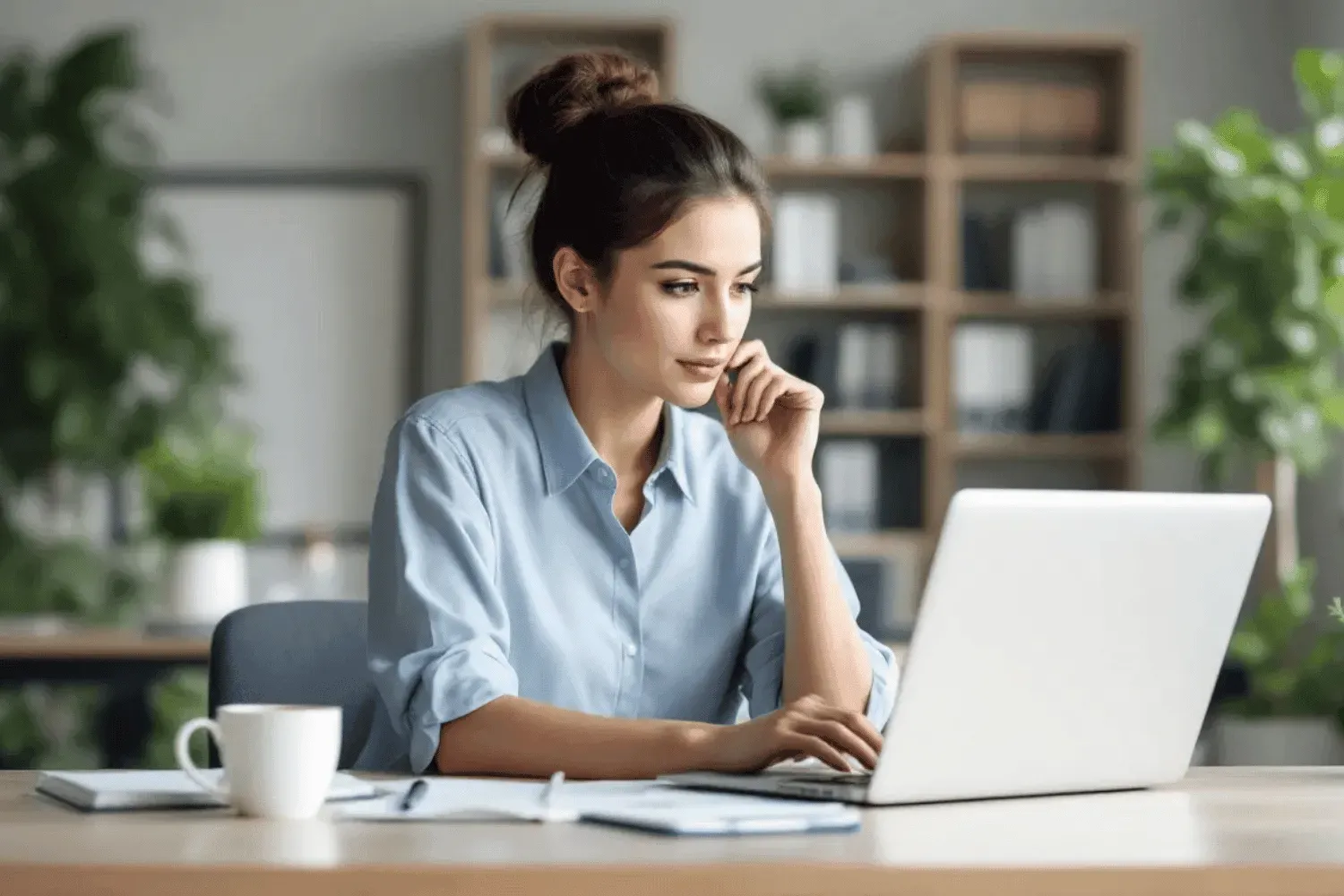 A content marketer is focused on writing brand-consistent copy while reviewing SEO guidelines on a laptop, ensuring effective messaging strategies that align with their brand identity. The scene captures the importance of integrating SEO efforts to enhance organic search rankings and increase online visibility for their target audience.