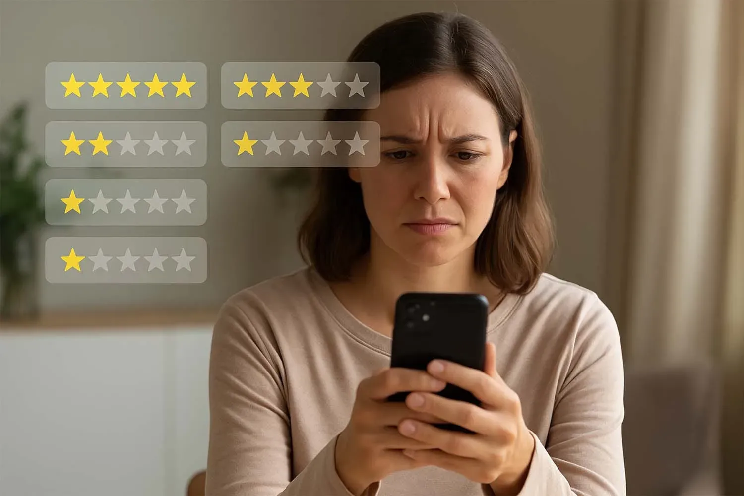 A customer is seen looking skeptically at their phone, examining various online reviews, including both positive and negative feedback. Their expression suggests they are discerning the authenticity of the consumer reviews to gauge the business