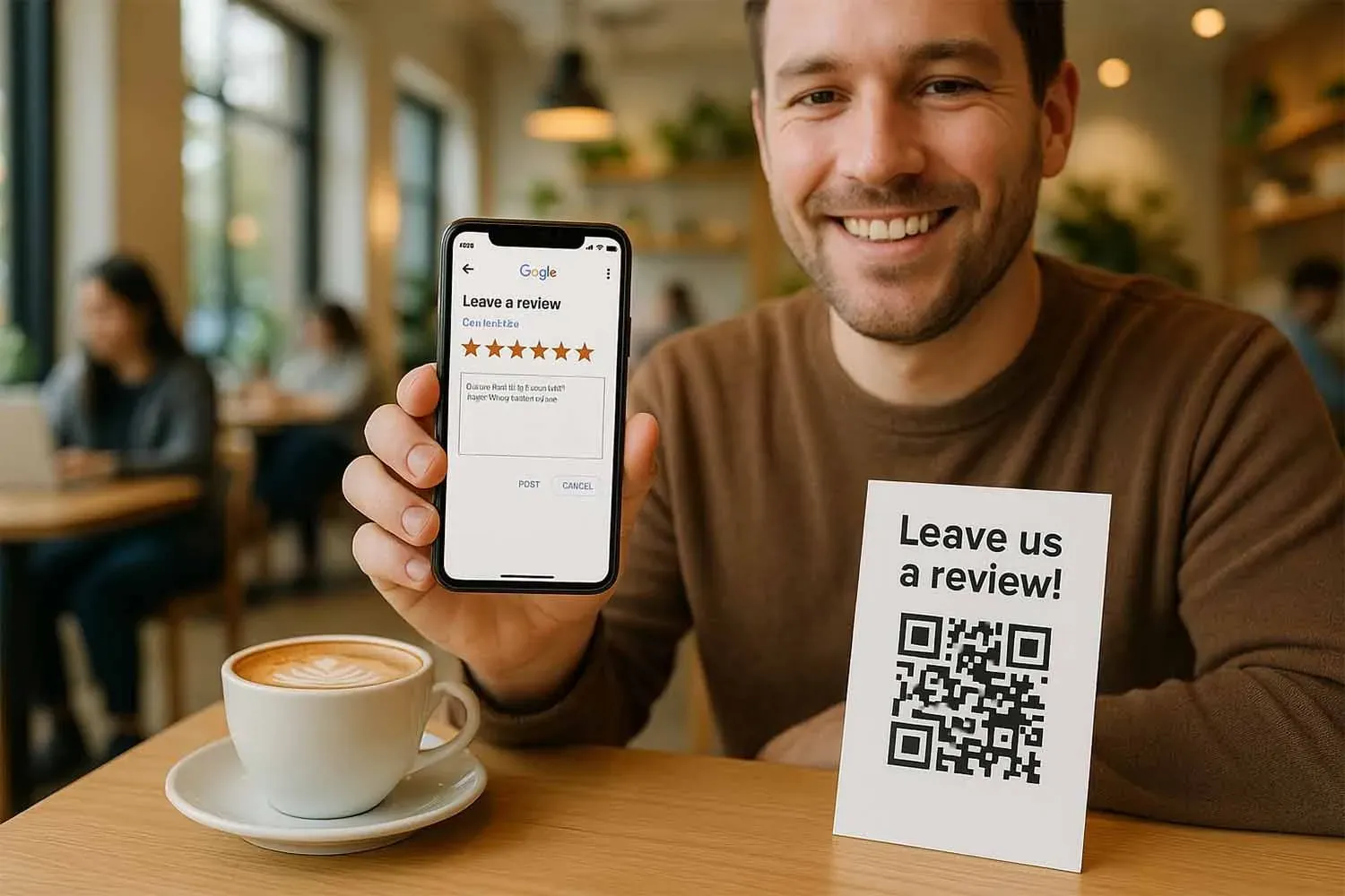 A customer leaving a positive review on a mobile device, showing engagement.