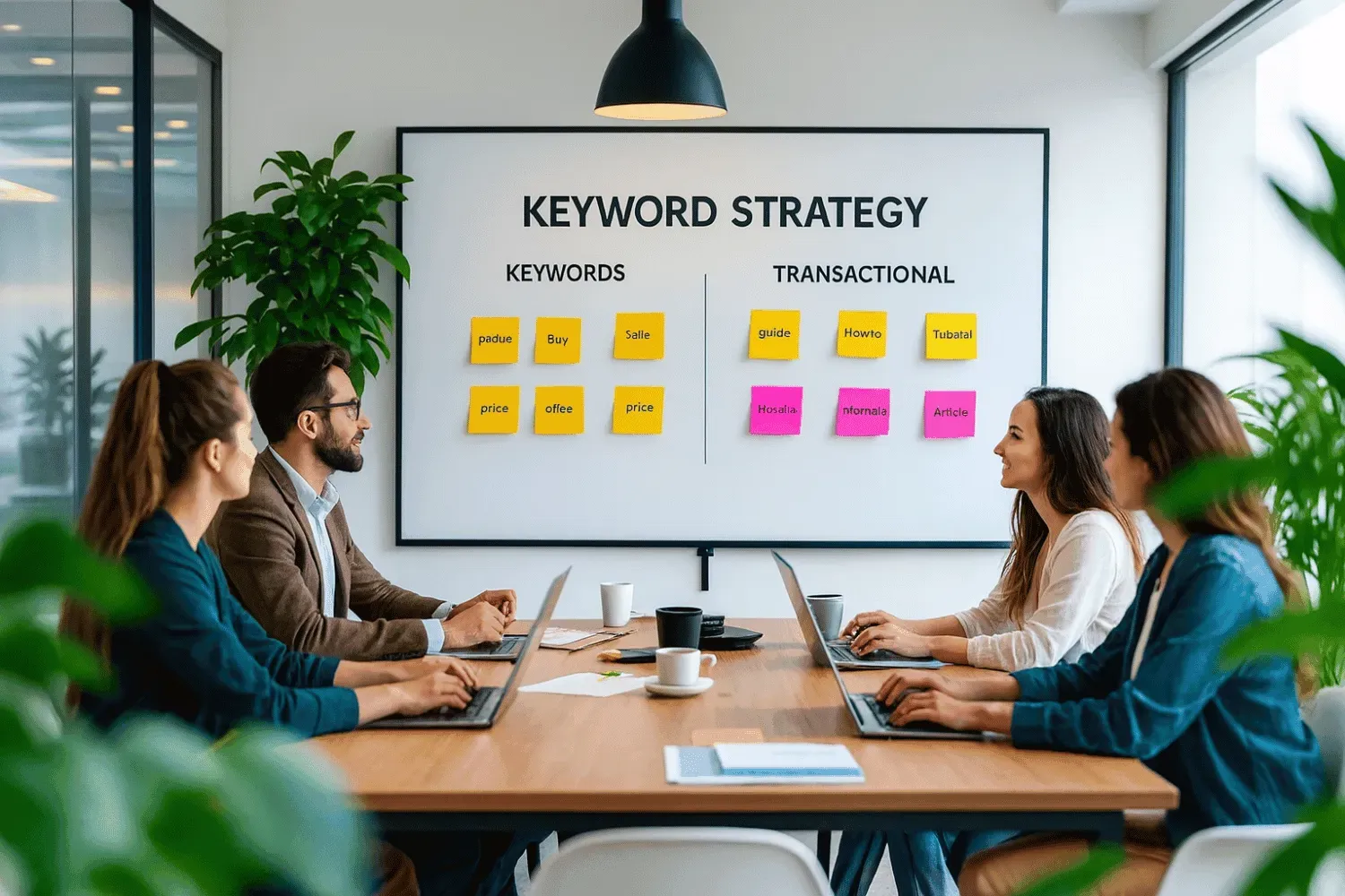 A digital marketing team is gathered around a large whiteboard, collaborating on keyword strategy using colorful sticky notes. They are discussing various types of keywords, including transactional and informational keywords, to optimize their SEO strategy and enhance search engine visibility.