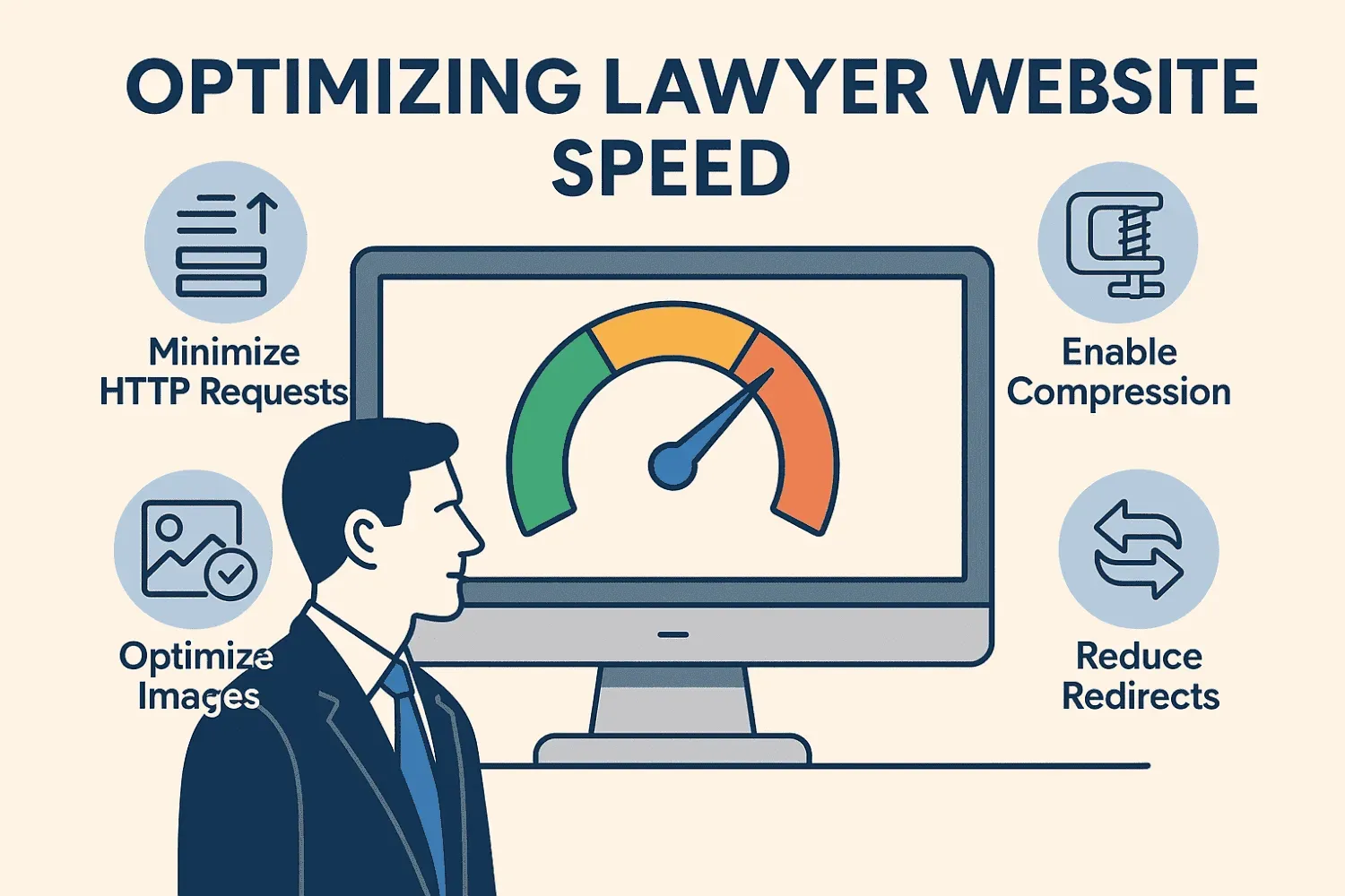 A graphic showcasing essential strategies for optimizing lawyer website speed