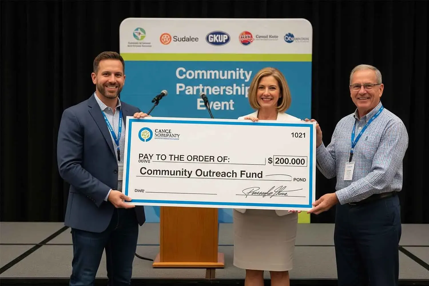 A local business owner is proudly presenting an oversized check to leaders of a nonprofit organization, symbolizing community involvement and support for local initiatives. The event highlights the importance of local sponsorships and collaboration among businesses and community organizations.