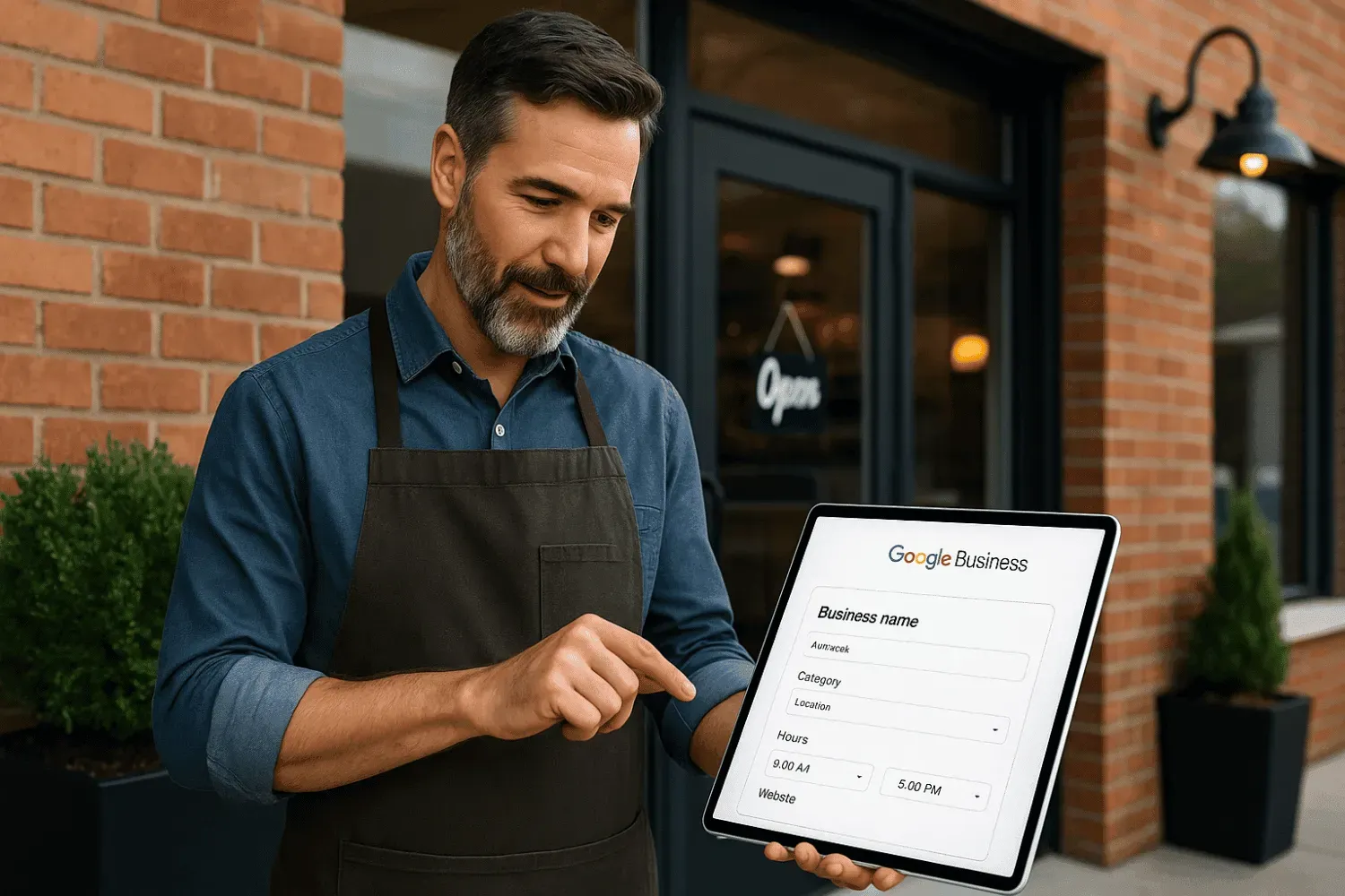 A local business owner is seen updating their Google Business Profile on a tablet, with their storefront visible in the background. This action reflects their engagement in search engine optimization to enhance visibility in search results and attract relevant customers through targeted keywords.
