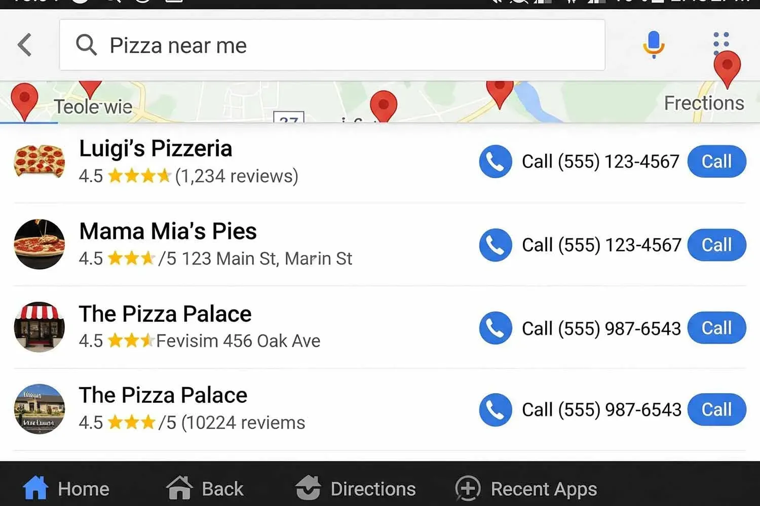 A mobile phone screen displays local search results featuring multiple phone numbers, indicating various businesses. The image highlights the importance of tracking phone calls and conversions in digital marketing campaigns.