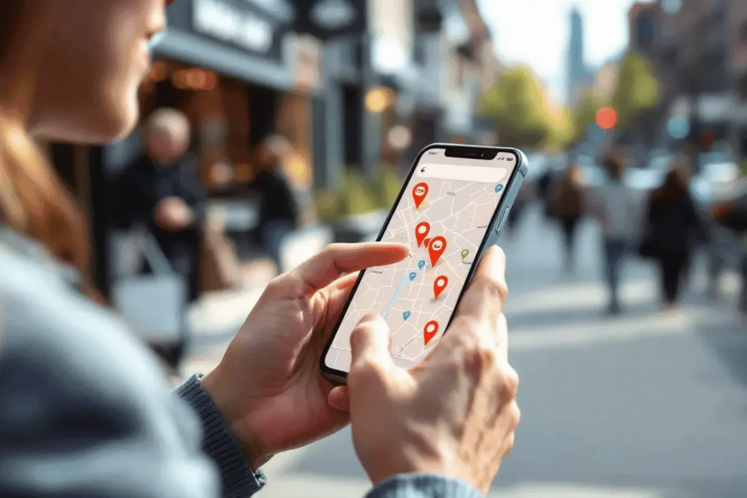 A person is using a smartphone to search for local restaurants, with a digital map displaying nearby options and search results. The image illustrates the concept of search intent, highlighting the use of transactional keywords to find dining options in the area.