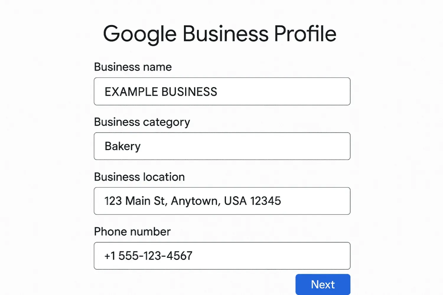 A snapshot of a Google Business Profile setup screen, illustrating important business details