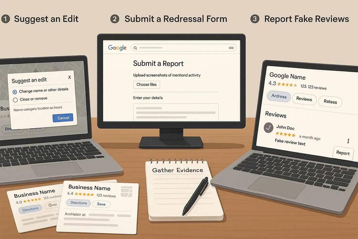 A step-by-step guide illustration on reporting spam on Google Maps, part of the google maps spam removal guide.