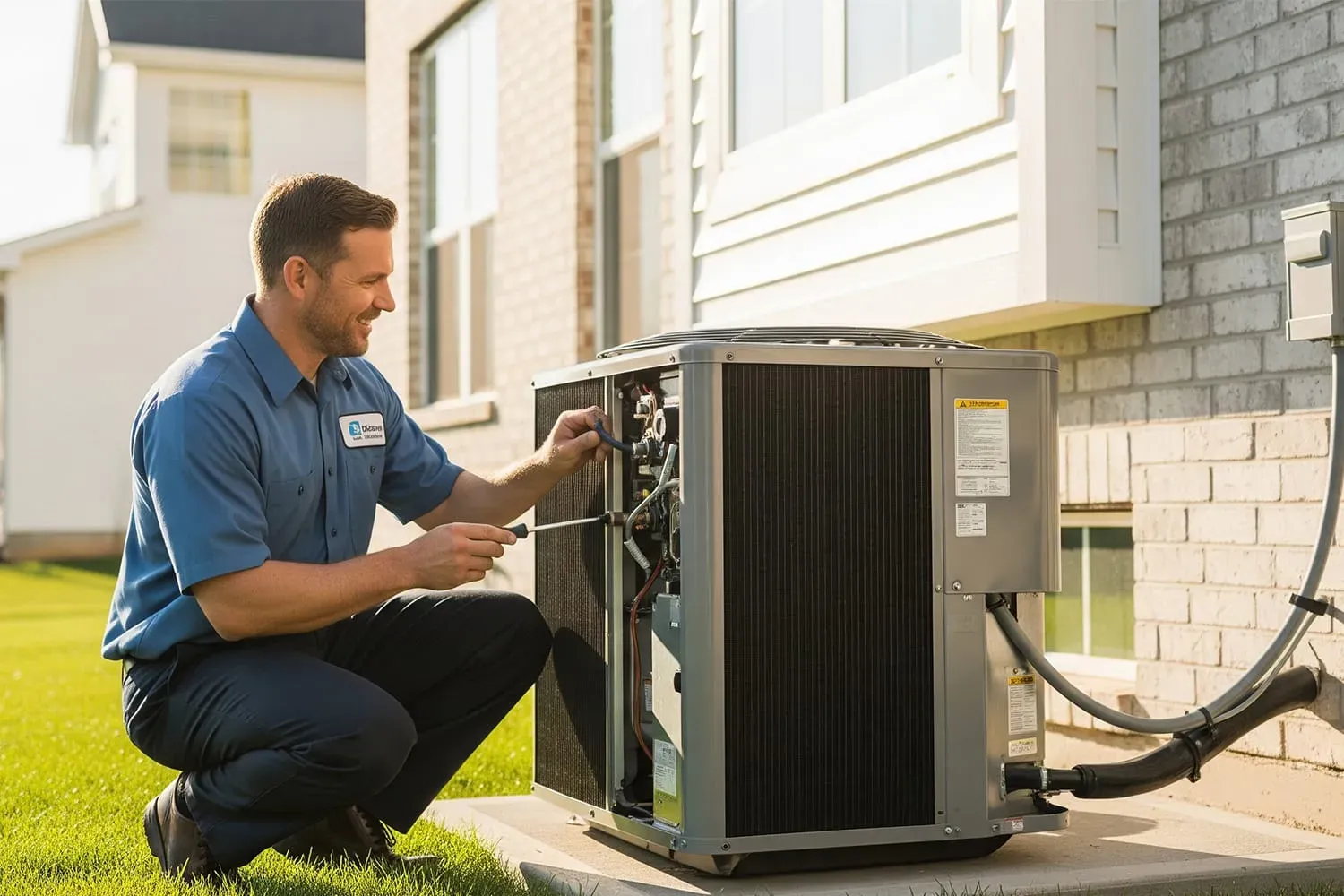 A professional technician smiles while working on an HVAC unit, showcasing expertise and a friendly demeanor. This image reflects the importance of service area businesses in maintaining customer satisfaction and online reputation management.
