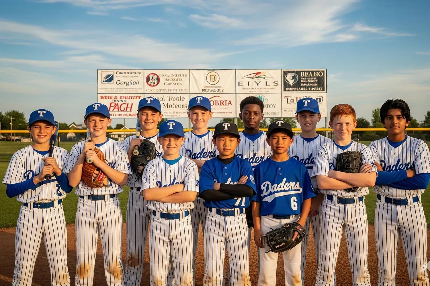 A youth baseball team stands proudly in front of a sponsor banner, showcasing their local sponsorship and community involvement. The team