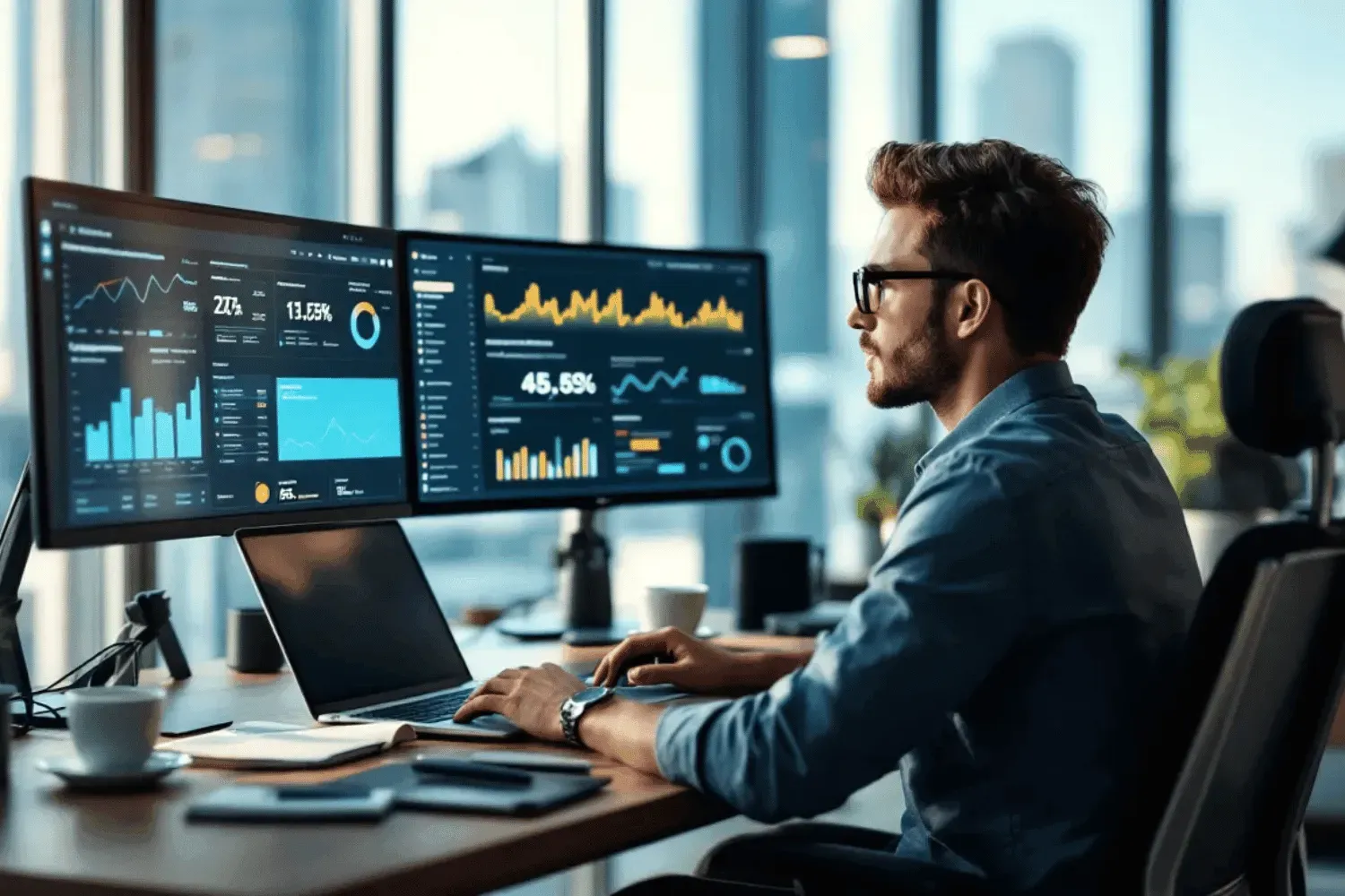 An SEO specialist is analyzing keyword difficulty scores on multiple monitors, focusing on various metrics such as search volume, referring domains, and keyword competition. The screens display data related to specific keywords, helping to calculate keyword difficulty and optimize search engine results.