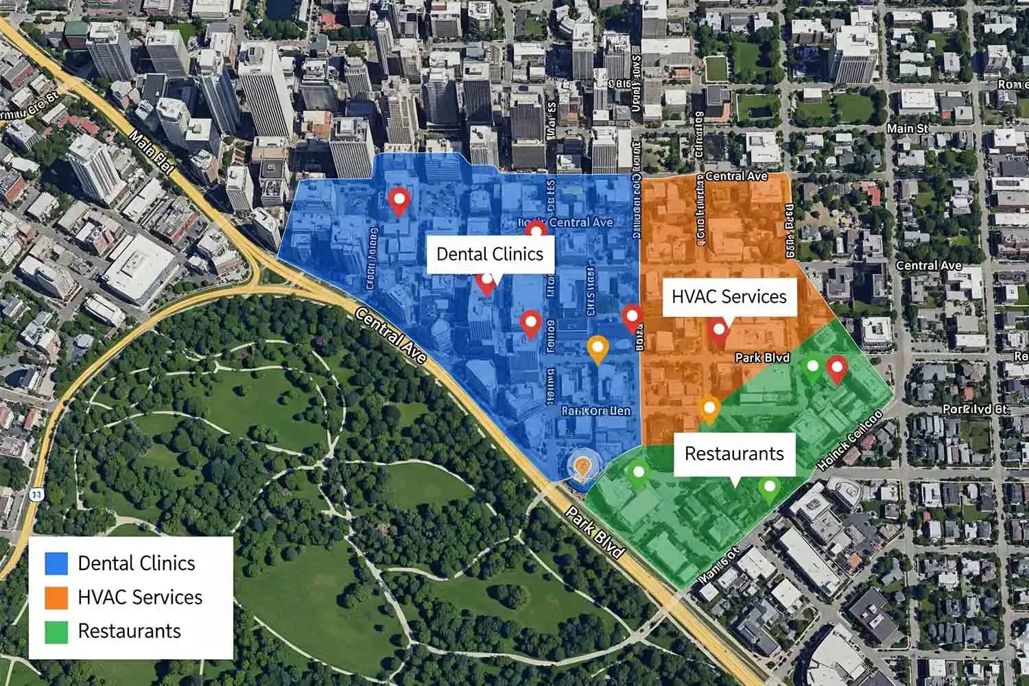 An aerial view of a city showcases various optimal grid coverage zones highlighted for different business types, emphasizing local search visibility and local SEO strategy. The overlay indicates areas where local businesses can enhance their Google Business profile and improve their local search rankings.