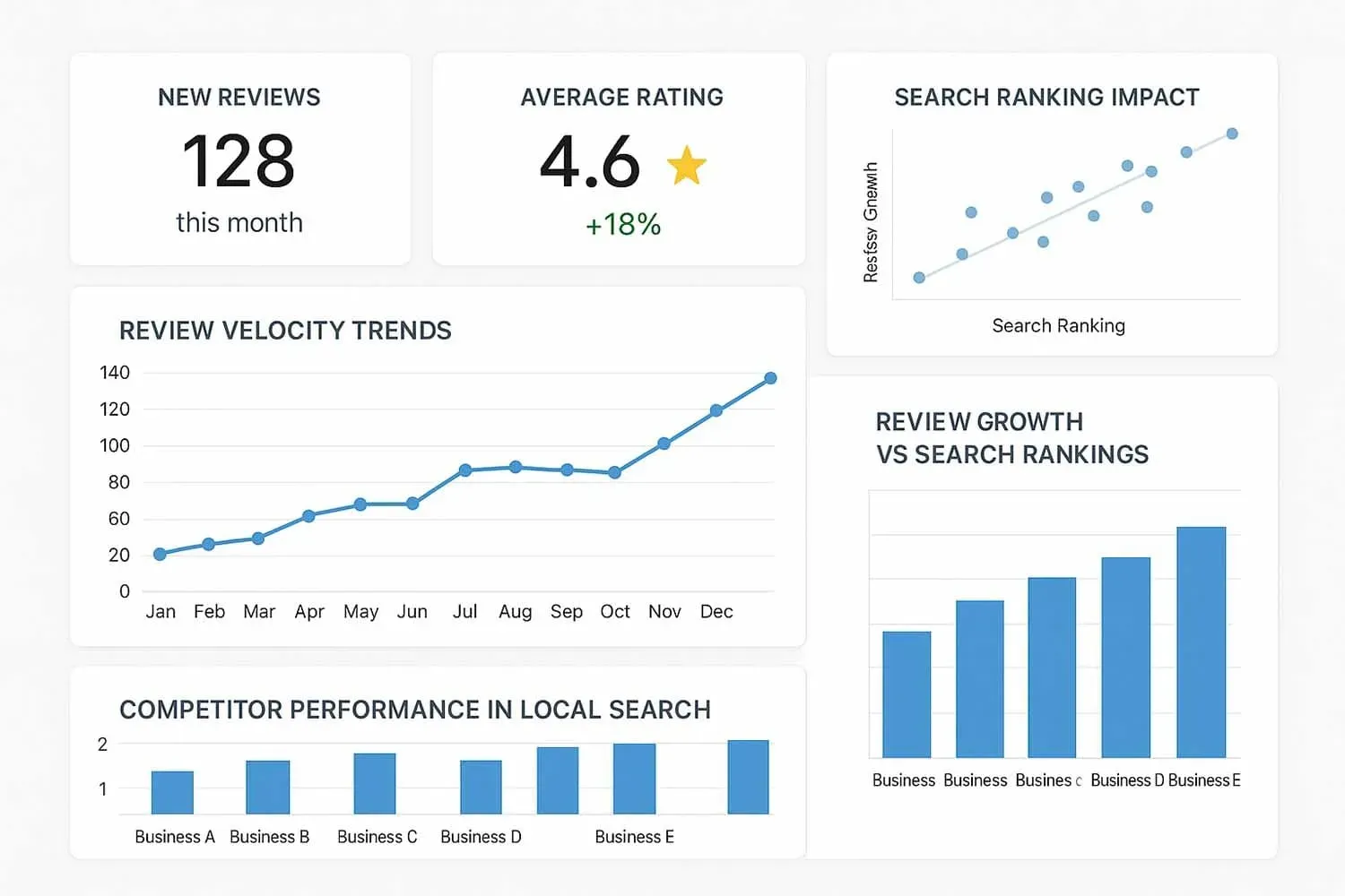 An analytics dashboard displays various graphs and charts illustrating review velocity trends and a comparison of competitors