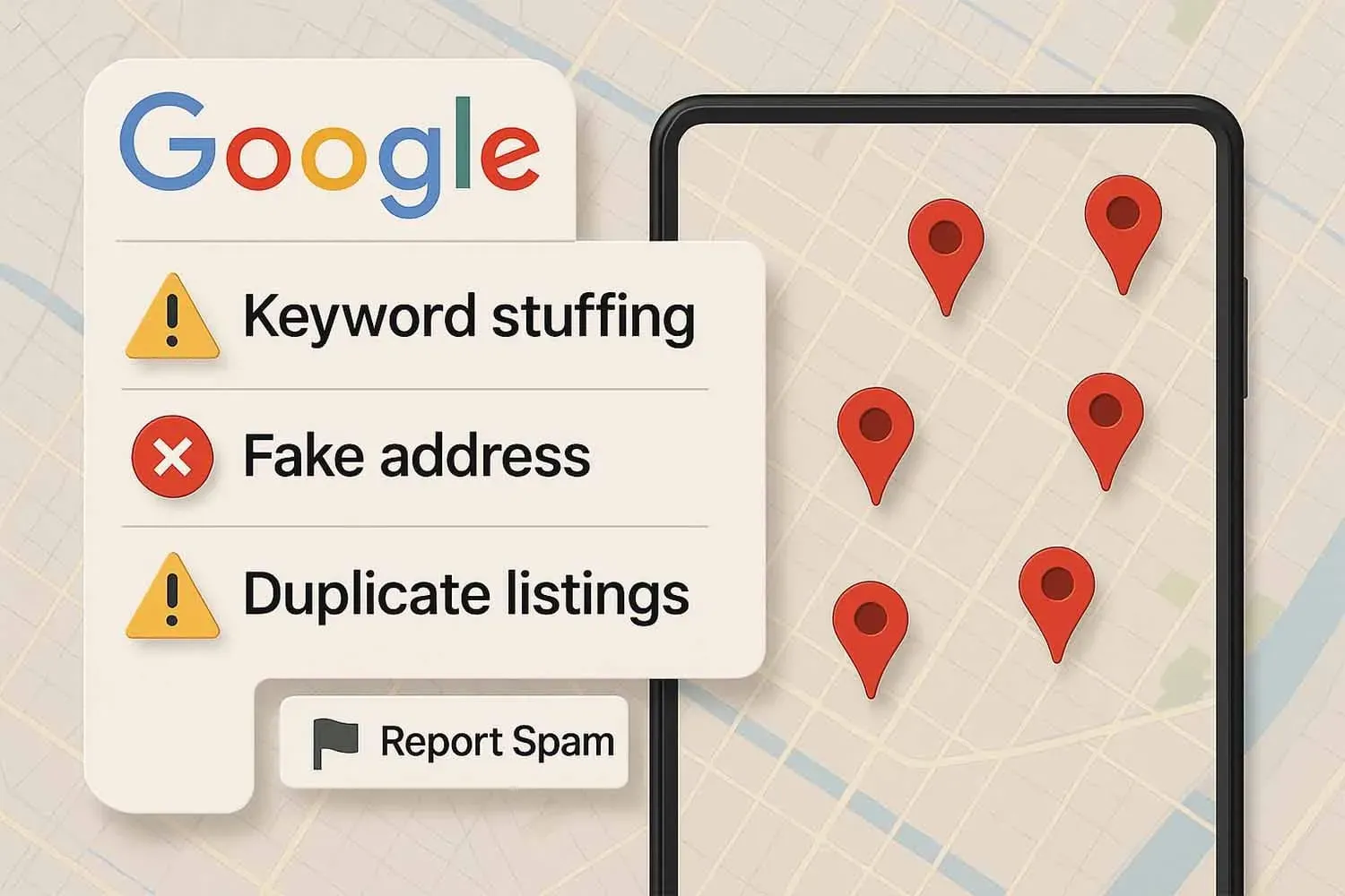 An infographic detailing how to identify spam listings on Google Maps, including examples of spam reports.