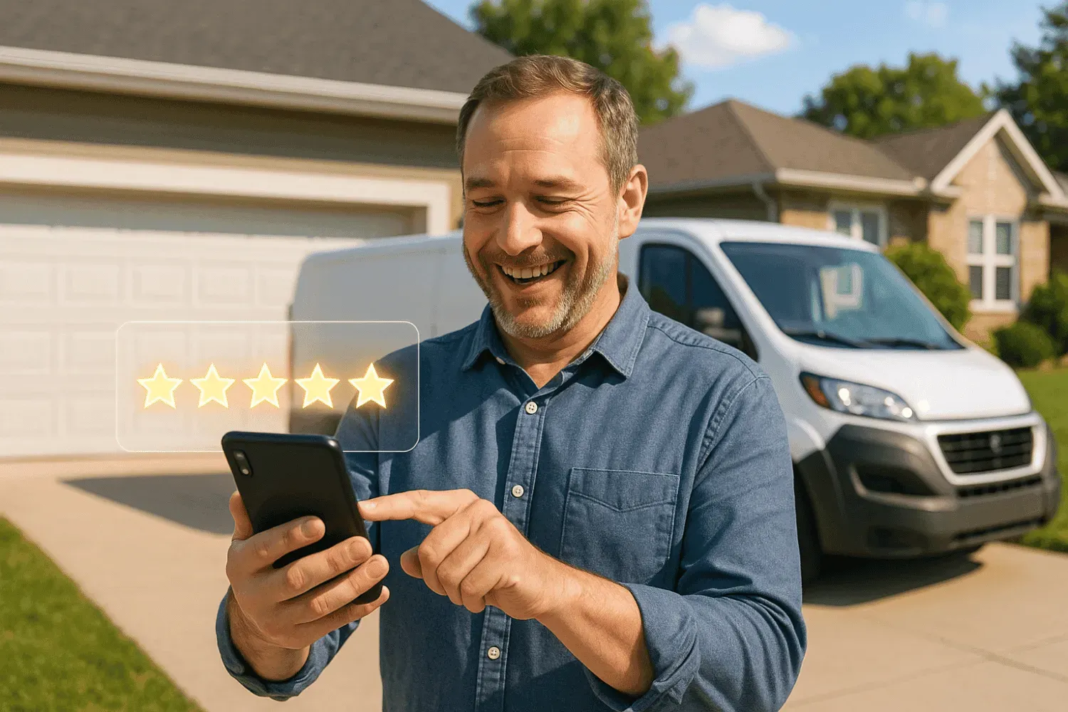 Customer leaving five-star Google review after local plumber’s house call