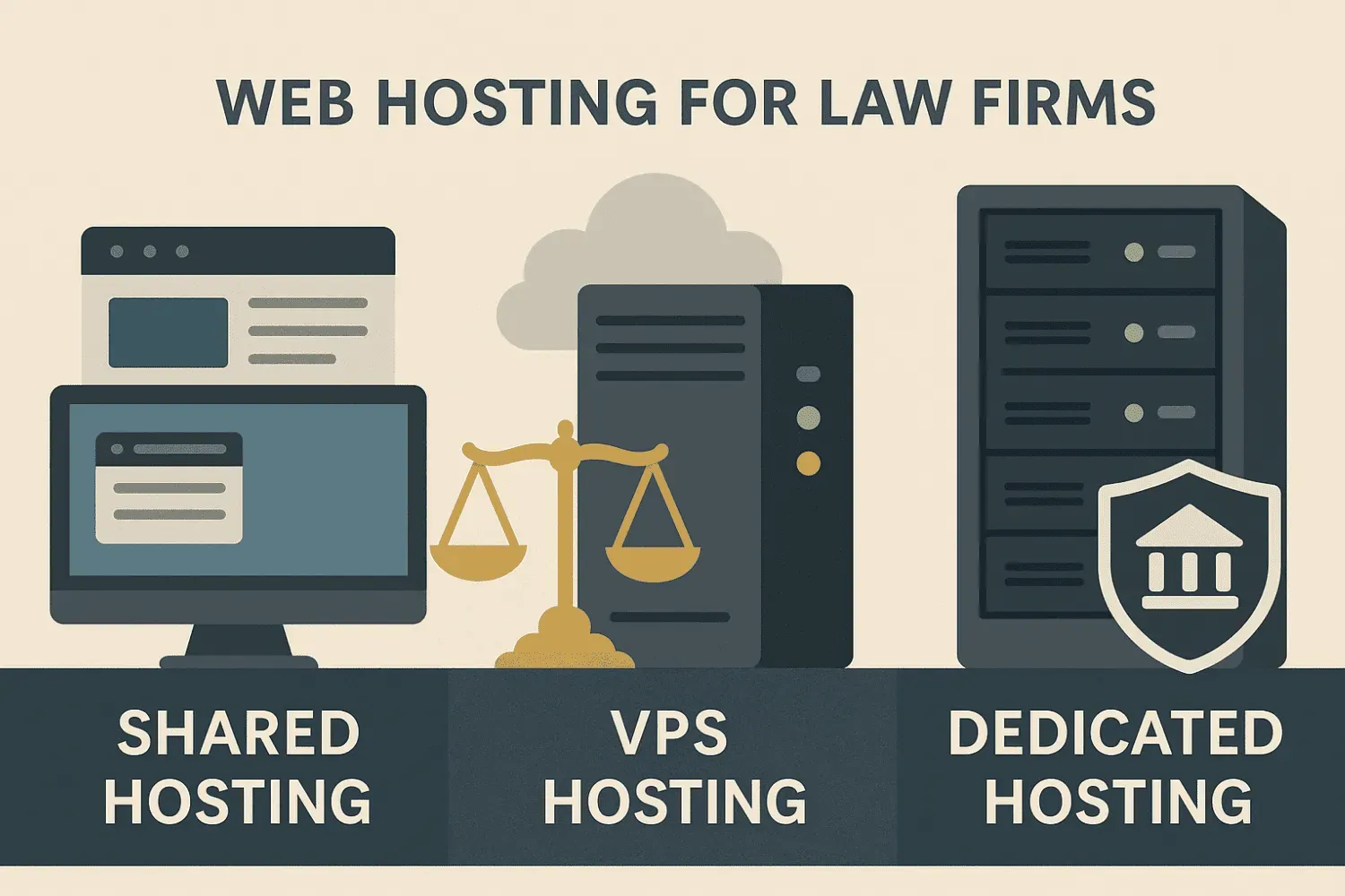 Different types of web hosting suitable for law firms, highlighting shared, VPS, and dedicated hosting.