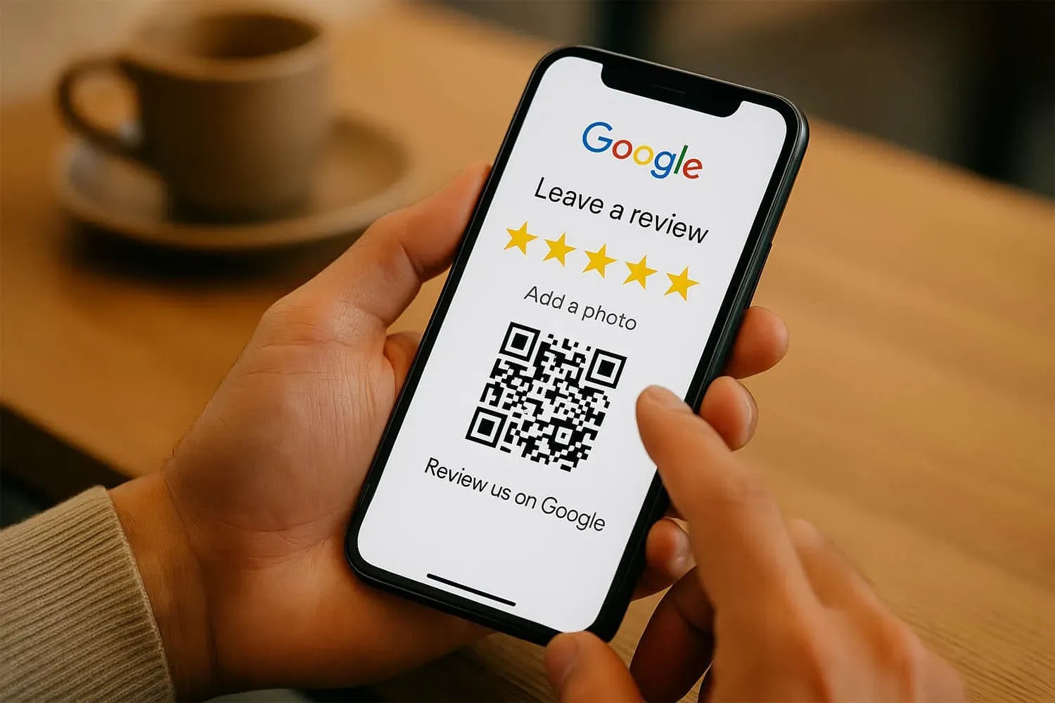 A customer is using a smartphone to leave a Google review, with a QR code visible on the screen, which can enhance local SEO and improve the business