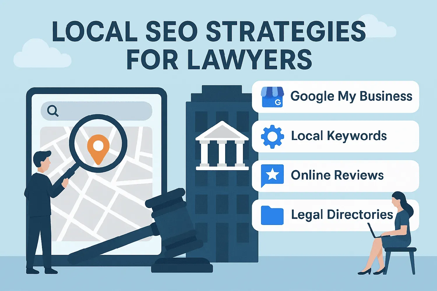 A graphic depicting local SEO strategies for lawyers