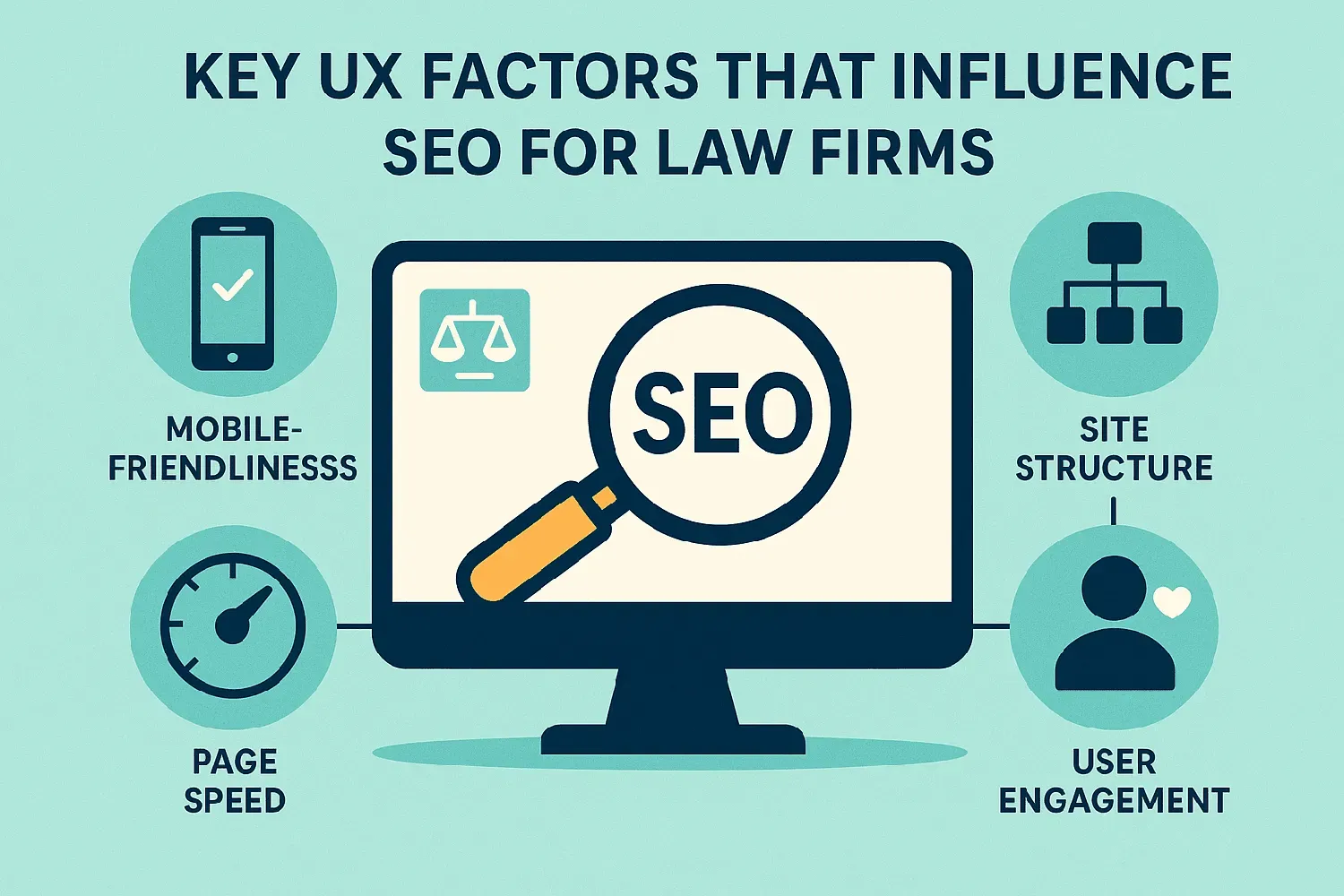 A graphic showcasing key UX factors that influence SEO for law firms