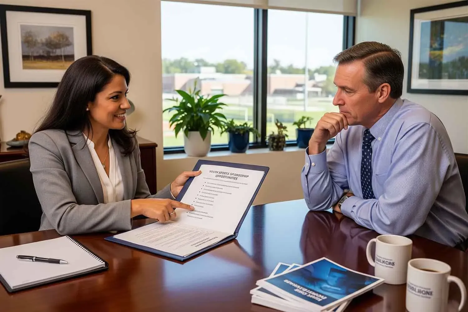 In an office setting, a local business owner is engaged in a discussion with a school principal, focusing on potential community involvement and sponsorship opportunities for local youth sports teams. Their meeting highlights the importance of collaboration between local businesses and educational institutions to enhance local brand awareness and support community organizations.