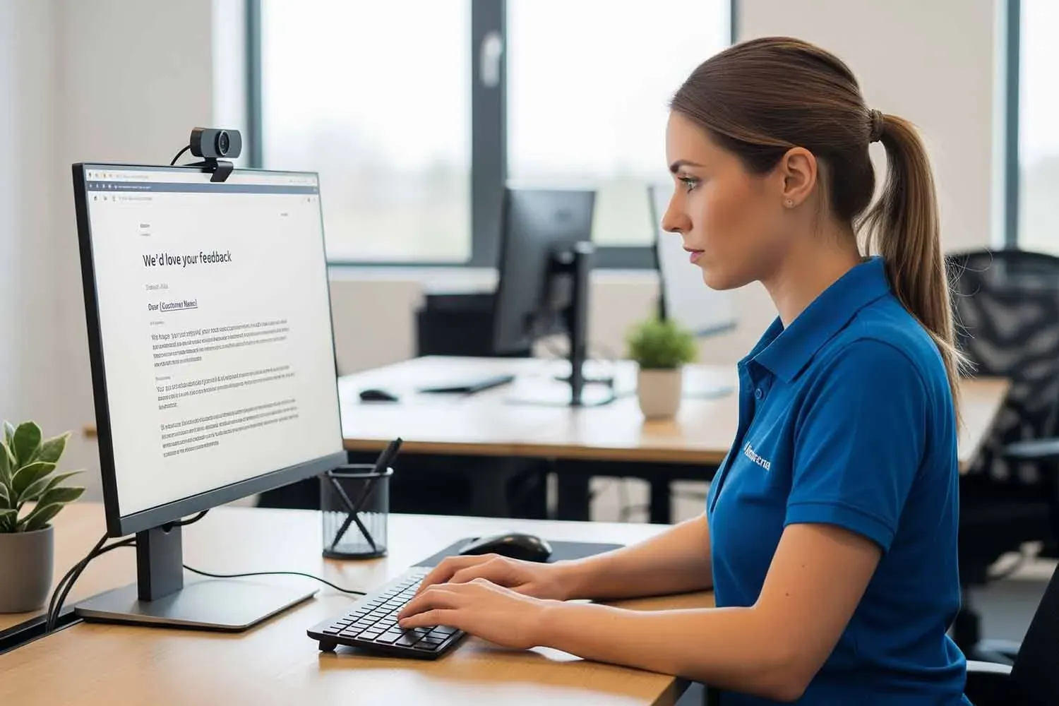 In the image, a customer service representative is focused on their computer screen, typing a personalized follow-up email to a customer, aiming to gather valuable feedback and encourage positive reviews about the company