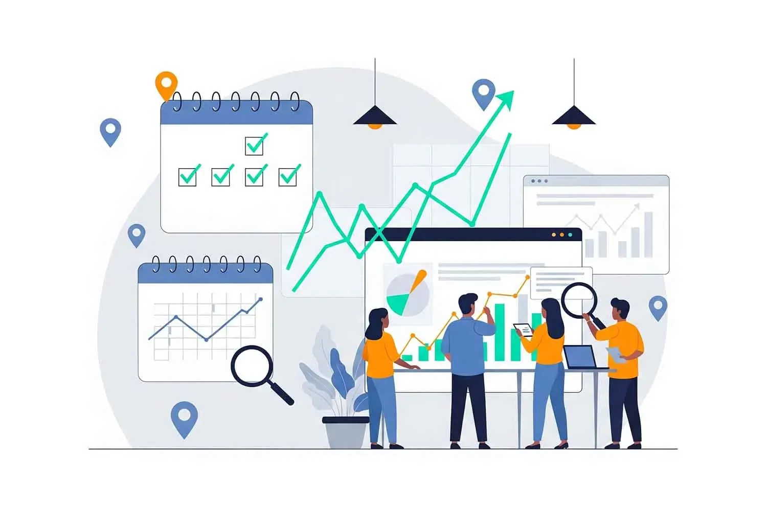 a group of people looking at a graph