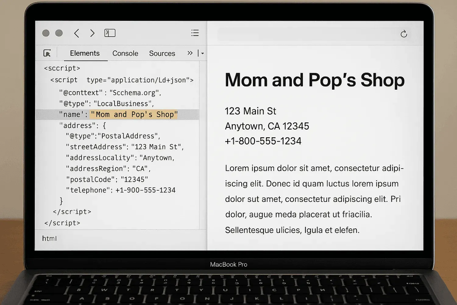 Screenshot of LocalBusiness schema markup code that helps Google understand location data