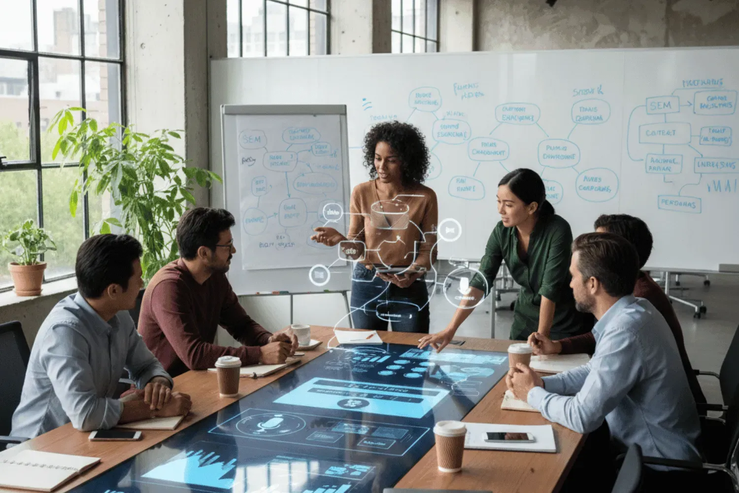 The image depicts a modern office environment where a marketing team is actively discussing strategies for voice search and AI optimization. They are focused on enhancing their SEO efforts and brand messaging to improve organic search rankings and effectively engage their target audience across multiple channels.