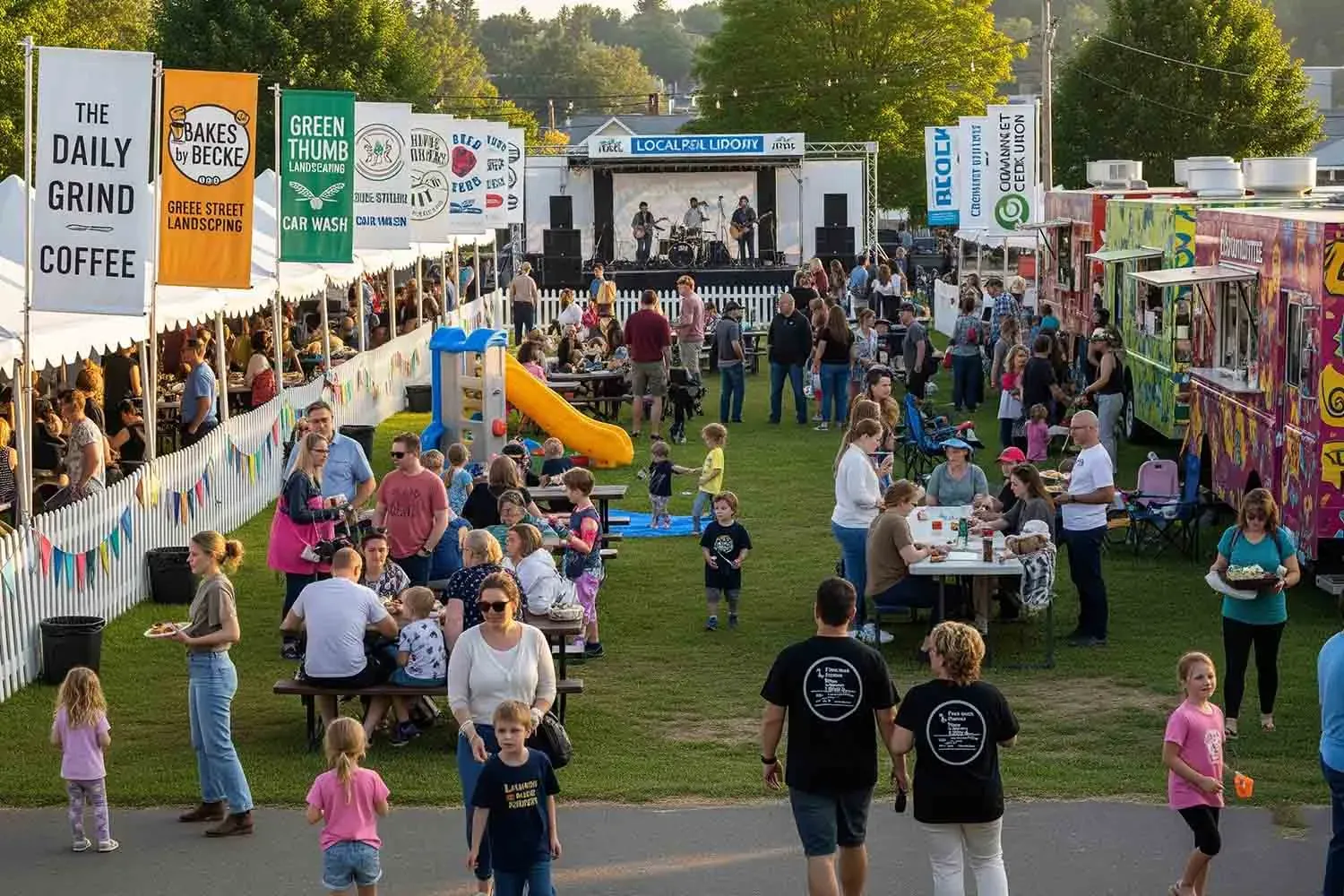 The image depicts a vibrant community festival scene featuring various sponsor banners from local businesses and organizations, showcasing their support for the event. Attendees enjoy the festivities, highlighting the importance of community involvement and local sponsorship opportunities.