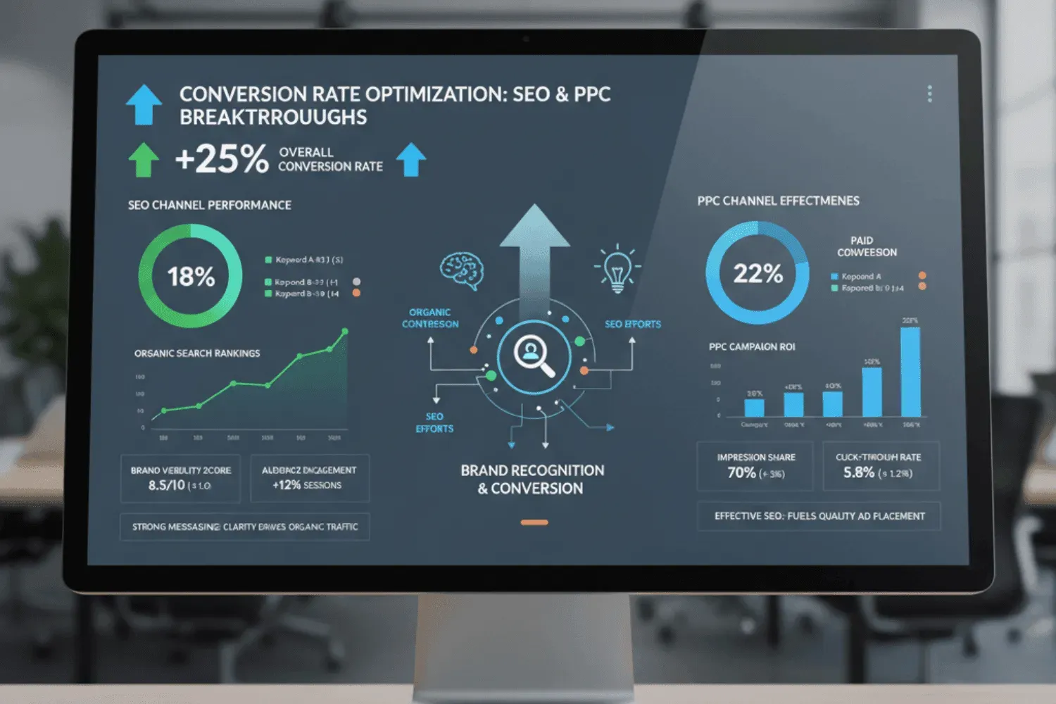 The image depicts an analytics dashboard showcasing improvements in conversion rates across SEO and PPC channels, highlighting key performance metrics such as organic search rankings and PPC campaign effectiveness. This data visualization emphasizes the importance of a solid messaging strategy and effective SEO efforts in enhancing brand visibility and audience engagement.