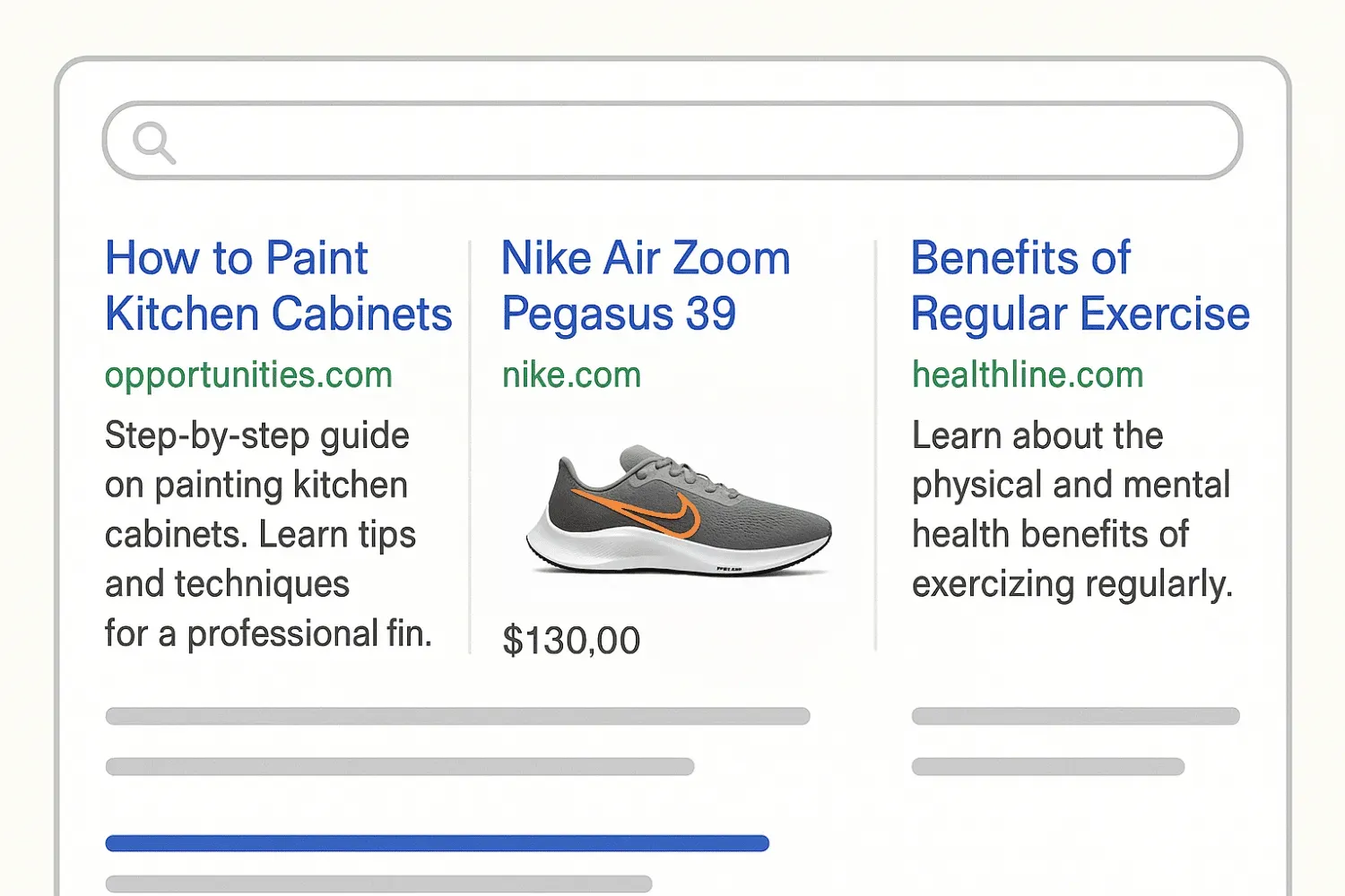 The image displays a search engine results page featuring a blend of commercial and informational intent signals, showcasing various search queries that reflect different user intents. It includes snippets for how-to guides, product pages, and informational articles, illustrating the diverse types of search intent users may have when searching online.