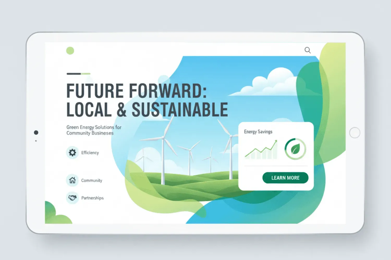 The image illustrates a green energy concept featuring wind turbines, integrated with modern web design elements like bold typography and organic shapes. This visually appealing composition highlights the latest web design trends, emphasizing sustainability and user-friendly interfaces for local businesses.