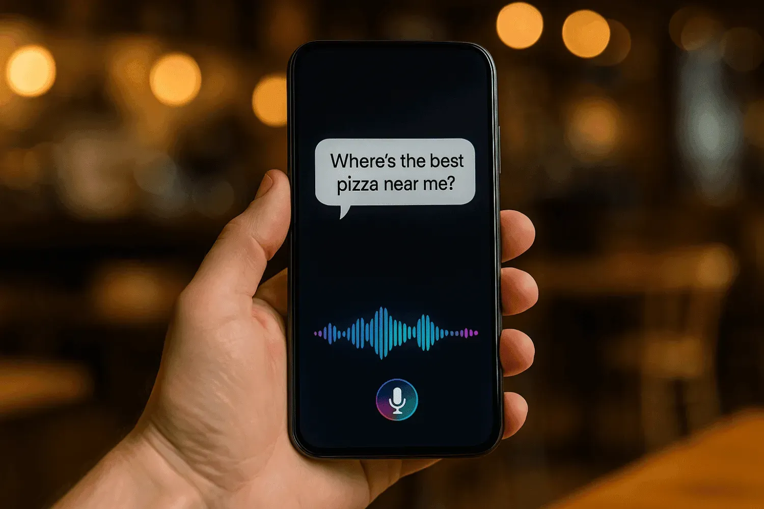 User performing voice-search query for nearby pizza via smartphone assistant