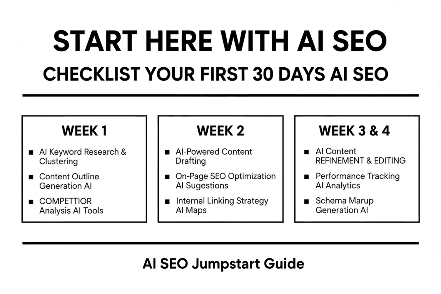 Checklist graphic showing your first 30 days with AI SEO