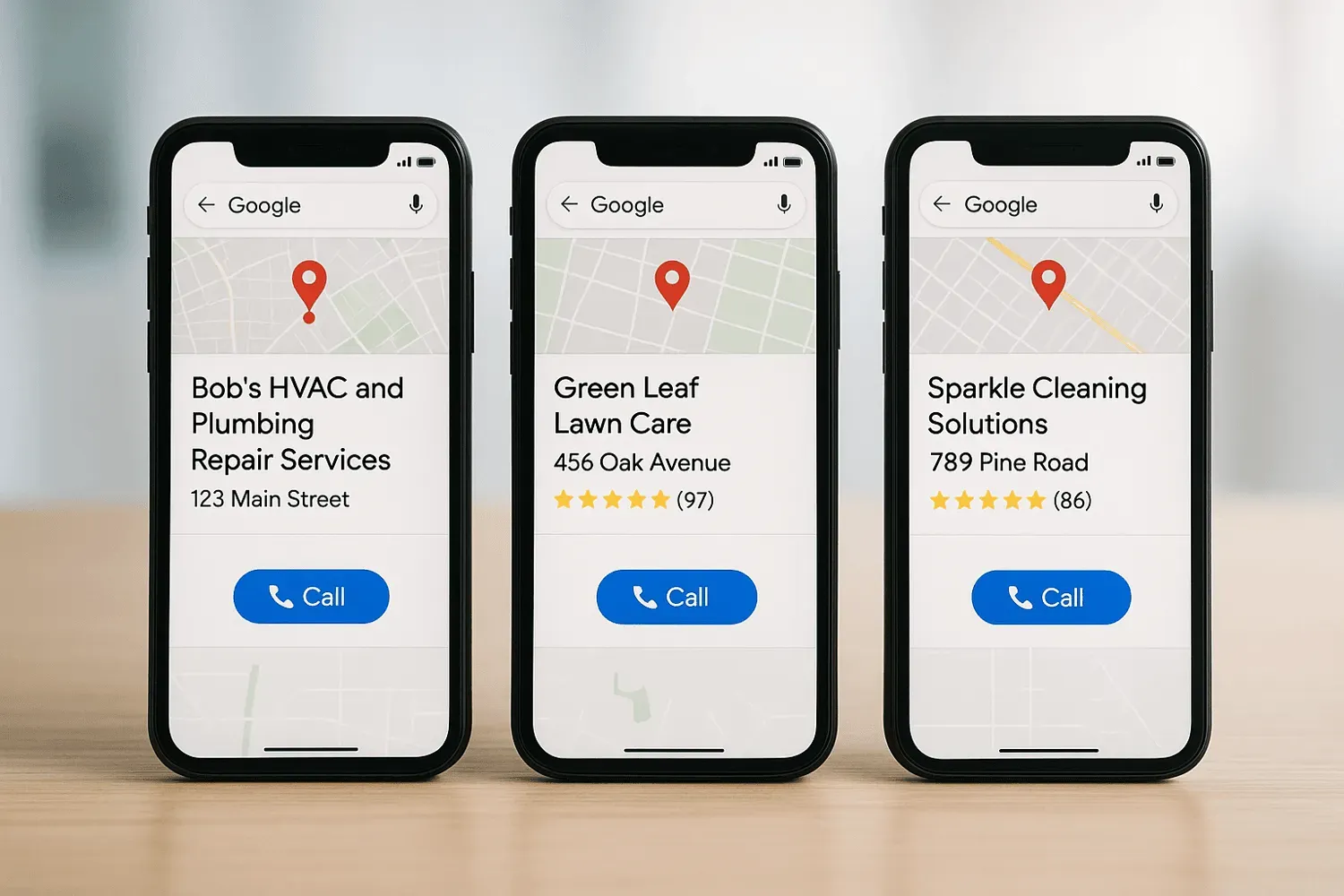 In the image, multiple smartphones are shown displaying Google Maps search results for various business locations, highlighting the ease of accessing and managing multiple business profiles. This visual emphasizes the importance of local SEO and online reputation management for service area businesses.